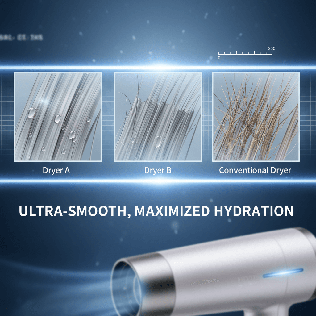 A macro shot of human hair cuticles under a microscope after using the different dryers, illustrating the smoothness and moisture retention of each device