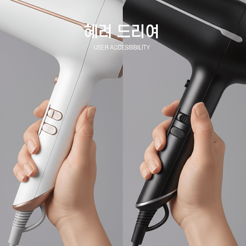 A split-screen image showing the ergonomics of a hand holding each dryer, focusing on the grip and button placement for user accessibility