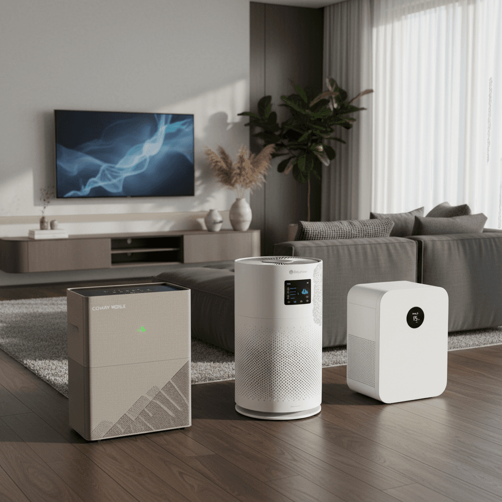 A high-end living room featuring the Coway Noble, LG PuriCare 360 Hit, and Xiaomi Smart Air 4 Lite arranged side-by-side for a comparative size and design perspective