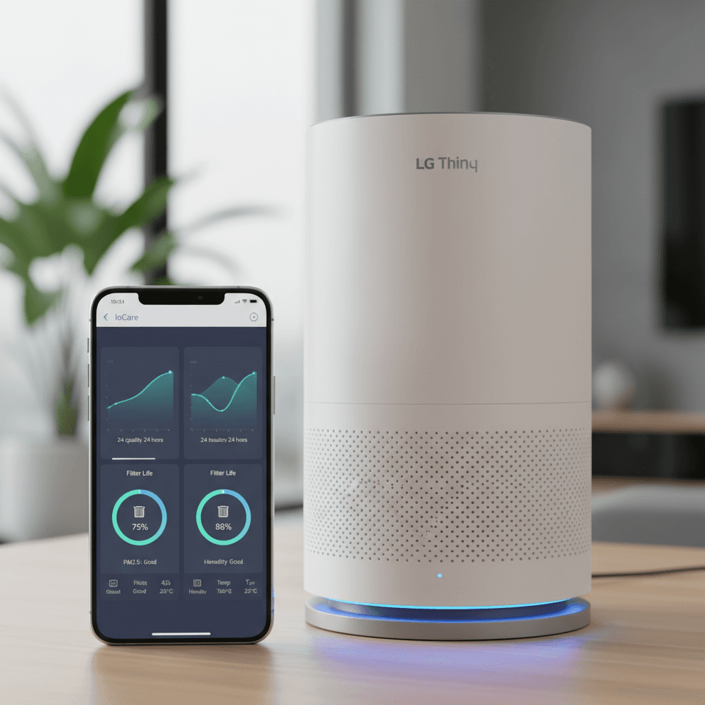 A smartphone screen showing the side-by-side UI comparison of IoCare, LG ThinQ, and Mi Home apps, highlighting air quality graphs and filter life indicators